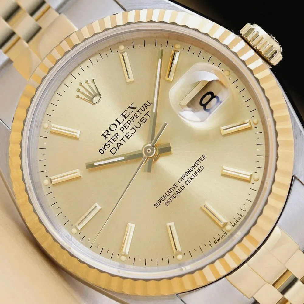 ROLEX MENS DATEJUST 18K GOLD STAINLESS STEEL CHAMPAGNE DIAL TWO TONE WATCH